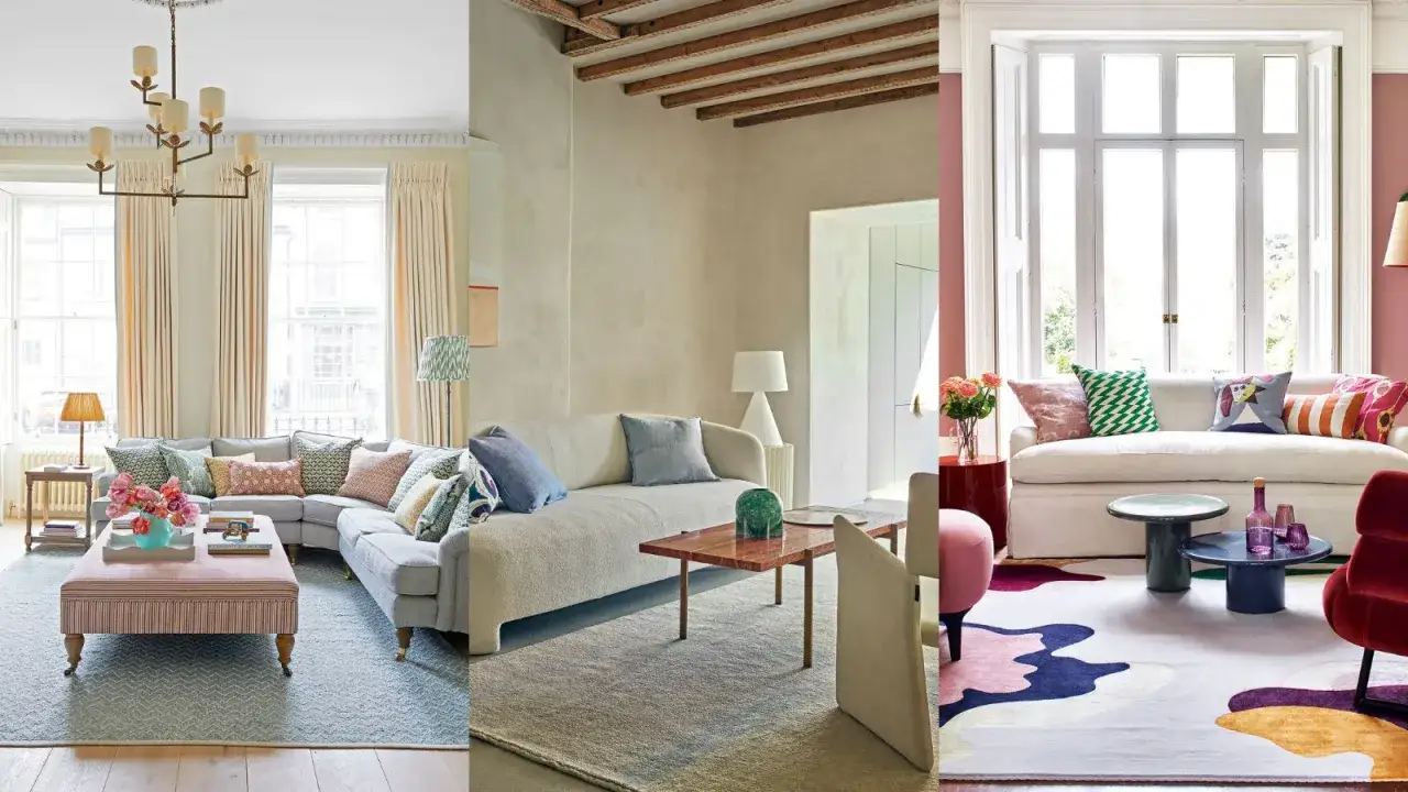 A rug guide showcasing three stylish living rooms. The left features a sectional sofa with patterned pillows on a geometric rug. The middle has a minimalist sofa on a textured rug. The right displays a sofa with colorful pillows on an abstract rug.