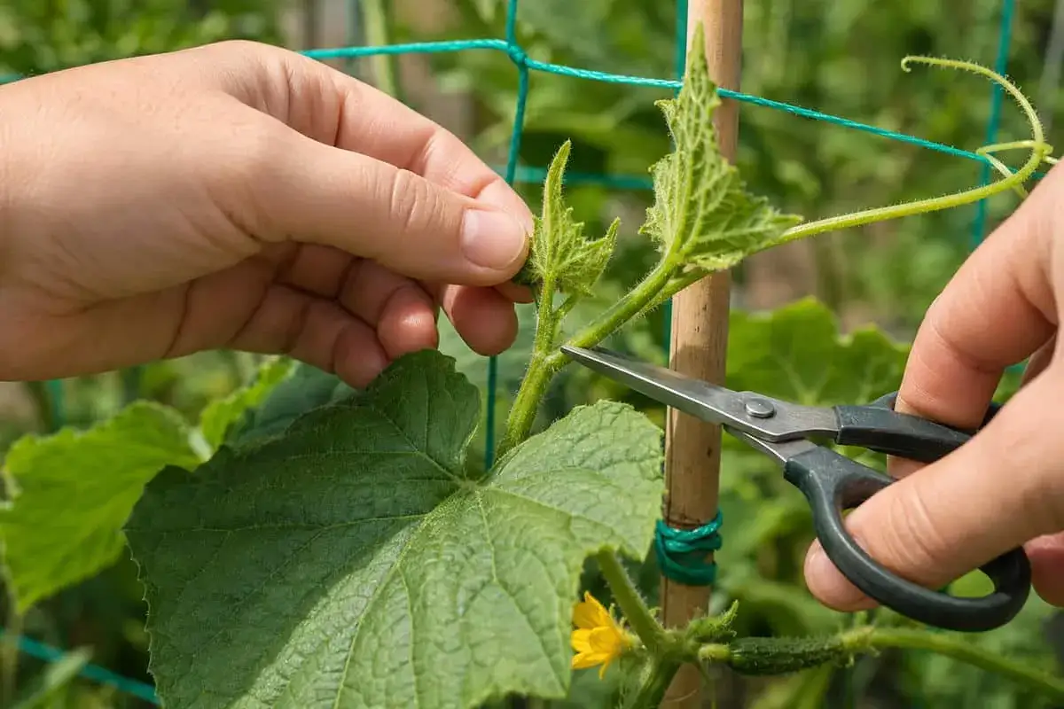 H&auml;nde beschneiden Gurkenpflanze, um das Ausgeizen zu erleichtern. Kleine Gurken und eine gelbe Bl&uuml;te sind sichtbar.