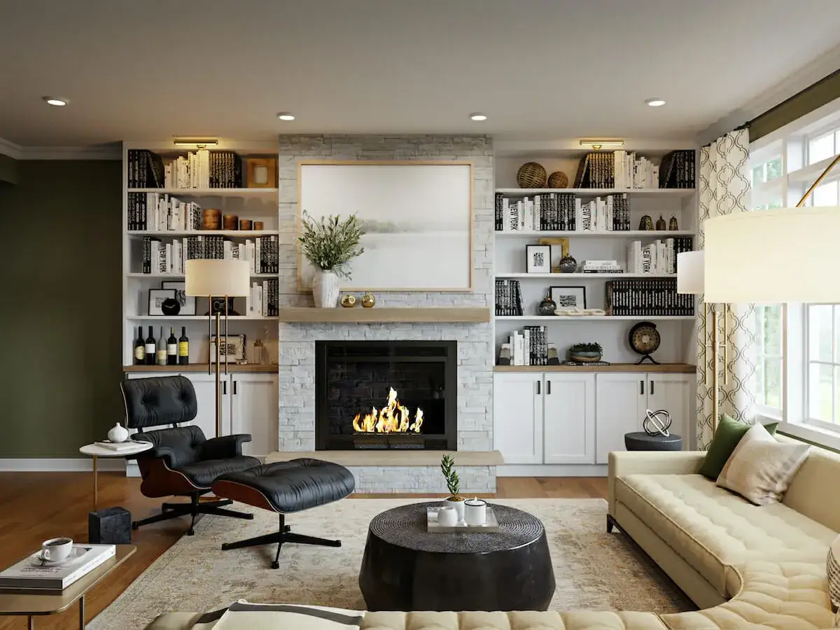 Idée pour comment disposer 3 étagères murales : une bibliothèque murale moderne avec cheminée, fauteuil design et canapé.