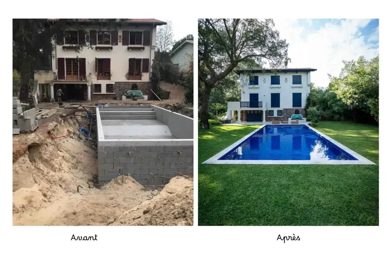 Avant/Après : une maison avec une piscine en construction à gauche, et une piscine de rêve avec mosaïque bleue étincelante à droite.