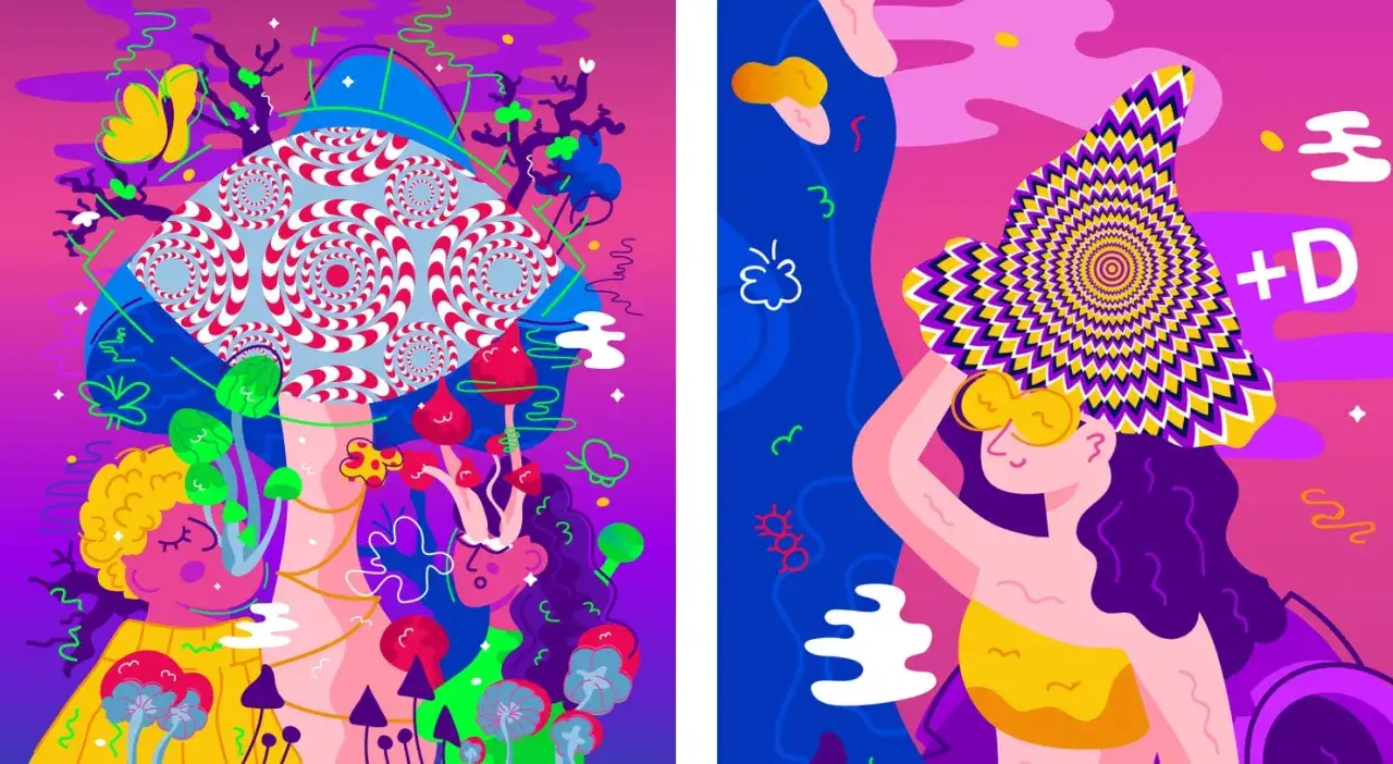 Psychedelic style graficzne z postaciami i grzybami. Lewa strona: duży grzyb z wirującym wzorem, obok dzieci. Prawa strona: kobieta z kapeluszem w wirujący wzór.