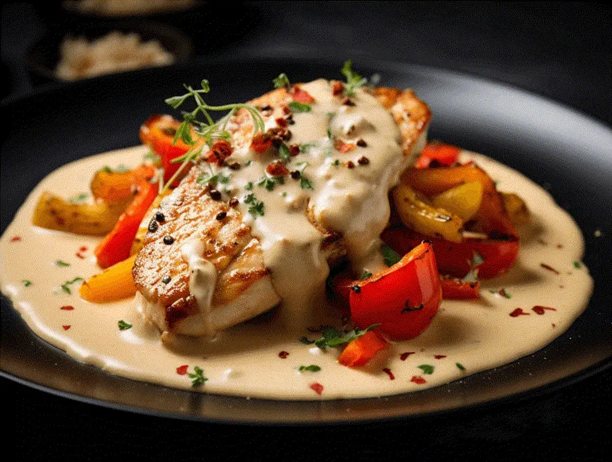 Kycklingfilé med krämig sås och rostade grönsaker. Ett enkelt pepparsås recept som lyfter hela rätten.