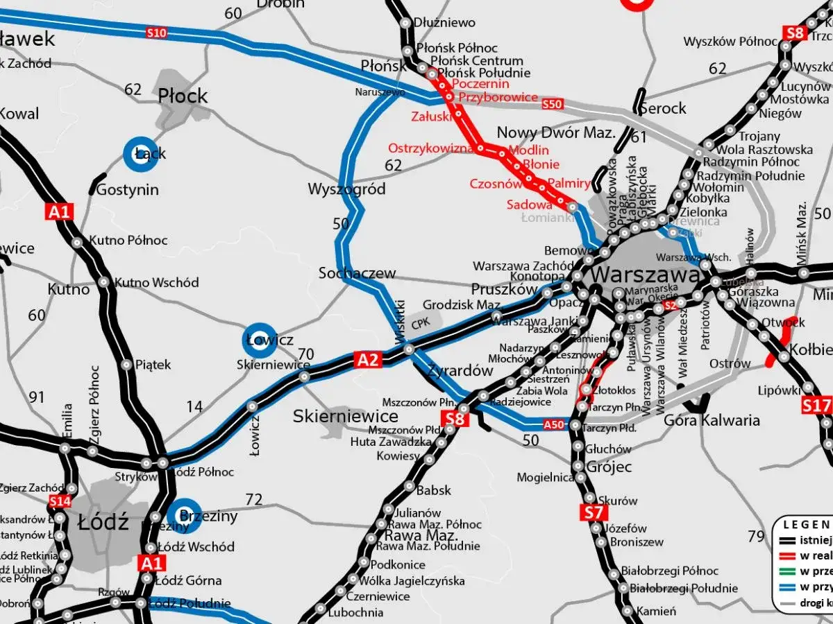 Mapa drogowa okolic Warszawy, z zaznaczoną trasą S50, autostradami A1, A2, S8, S10, S14, S17 i S7.