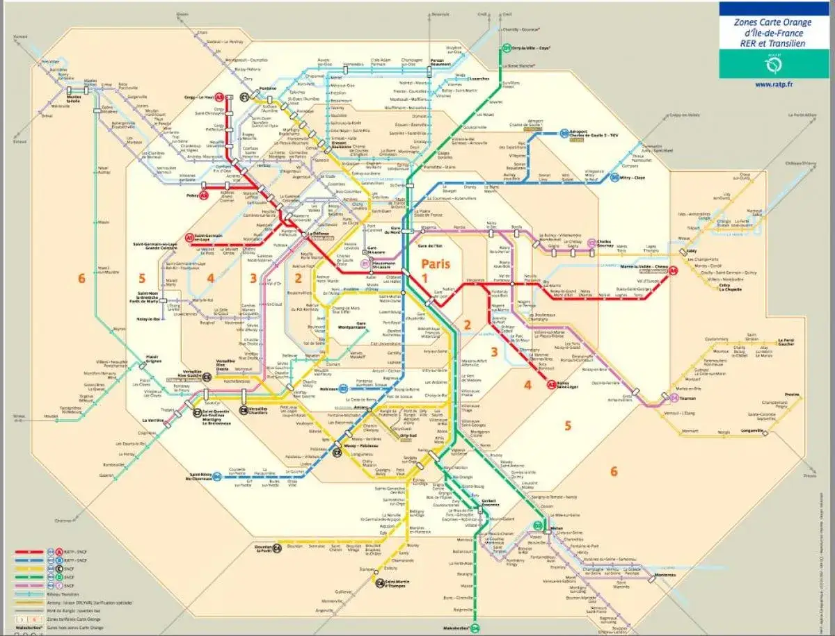 Carte des zones RER et Transilien de Paris et sa banlieue, couvrant les zones 1 à 3.