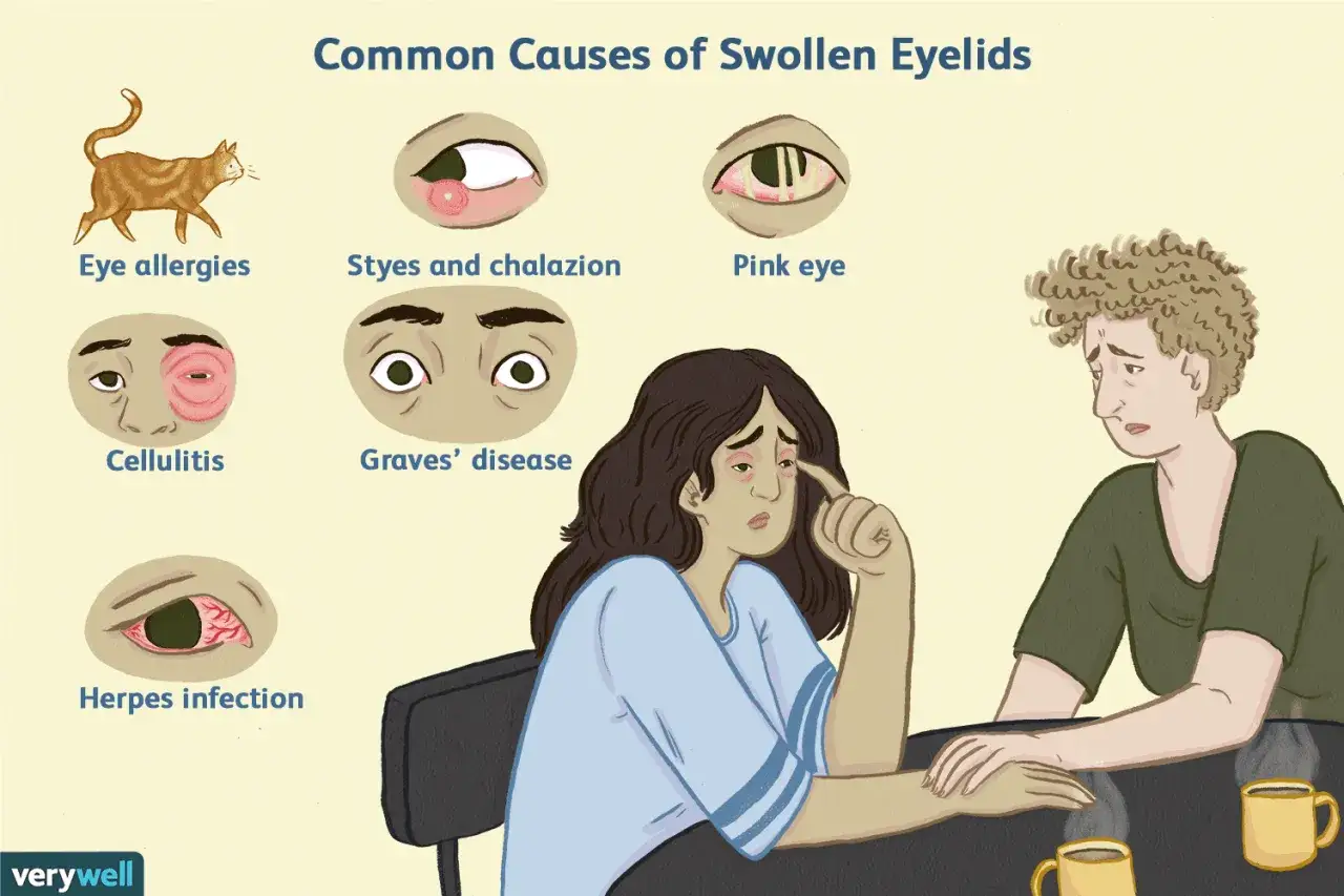 Illustration zeigt Ursachen für ein Auge angeschwollen was tun: Allergien, Gerstenkorn, Bindehautentzündung, Cellulitis, Graves-Krankheit, Herpes.