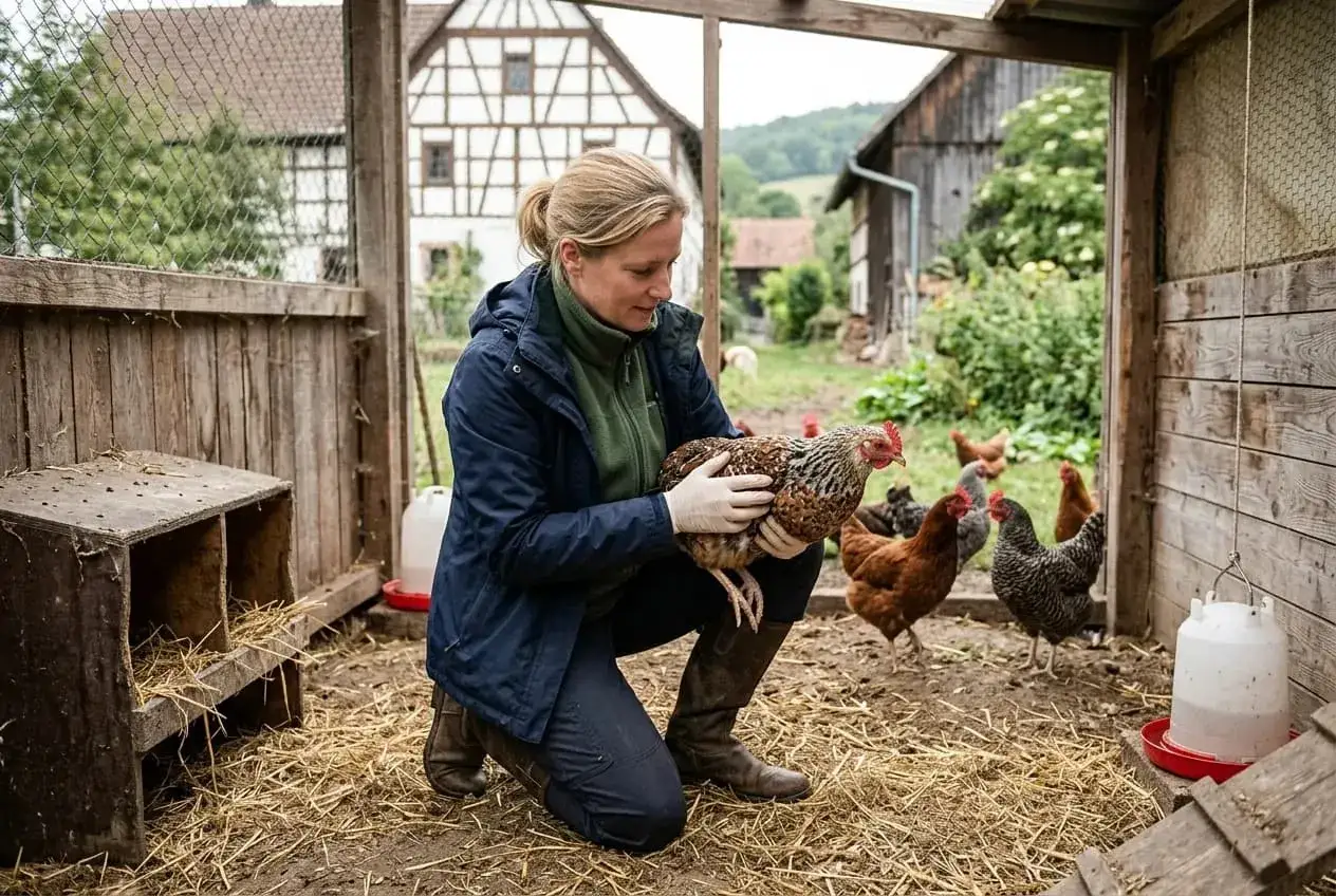 Frau kümmert sich um ein Huhn, das nicht mehr laufen kann. Andere Hühner sind im Stall.