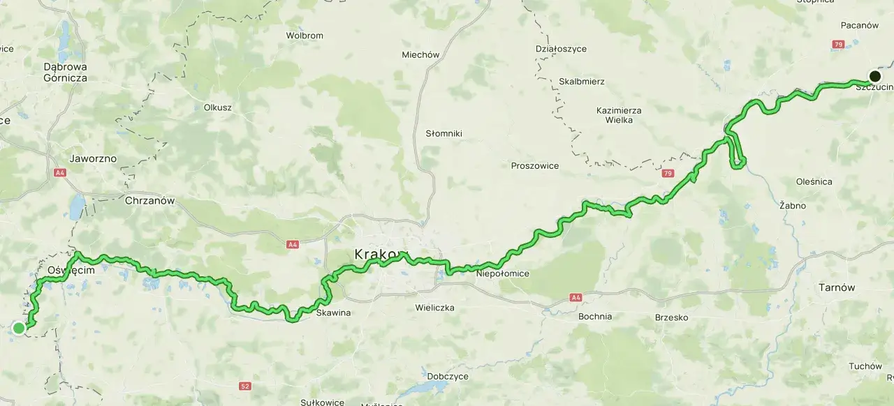 Mapa pokazuje przebieg Wiślanej Trasy Rowerowej od Oświęcimia przez Kraków, Niepołomice aż do Szczucina.