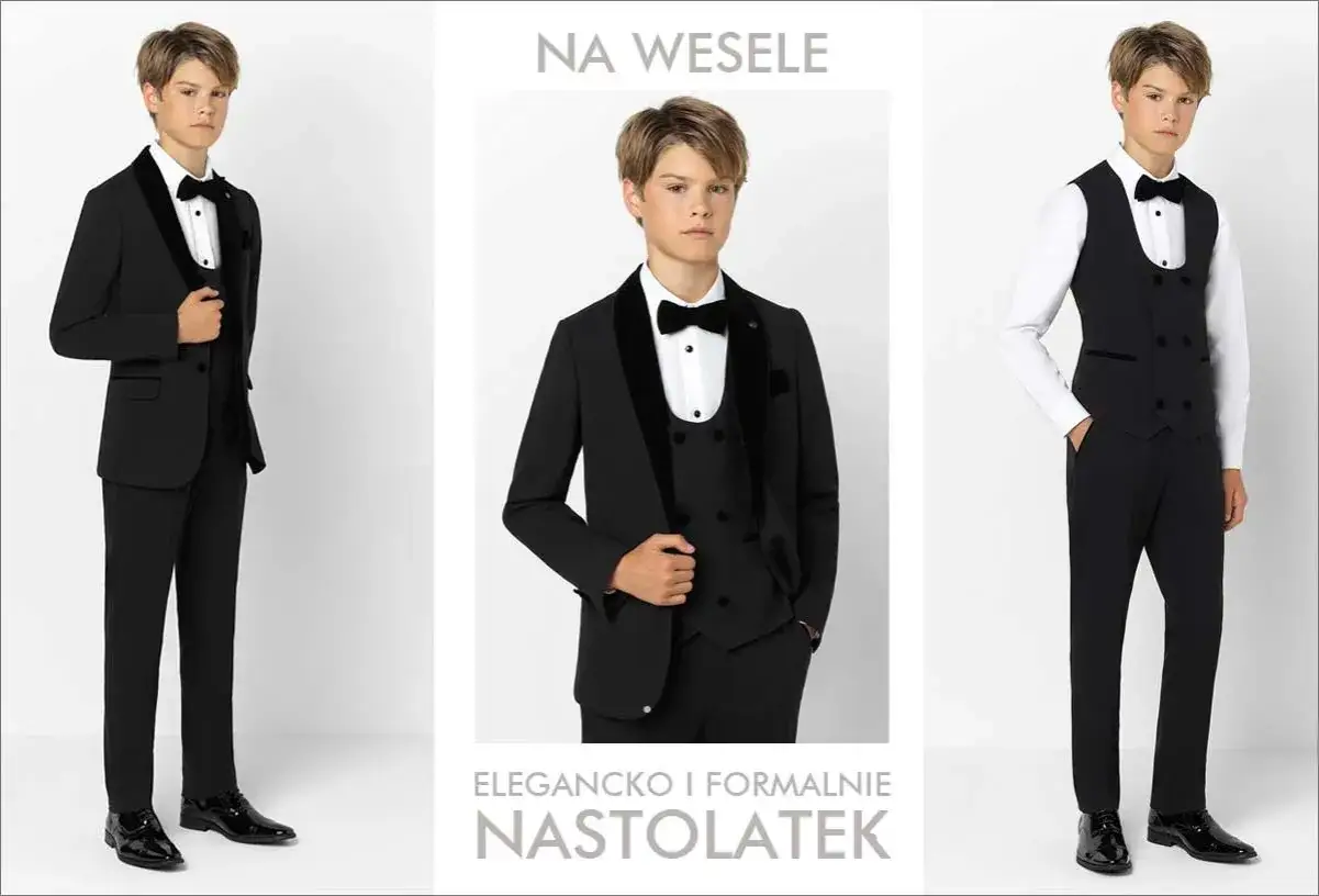 Elegancko i formalnie: jak ubrać 16 latka na wesele. Trzy propozycje czarnych garnitur&oacute;w dla nastolatka.