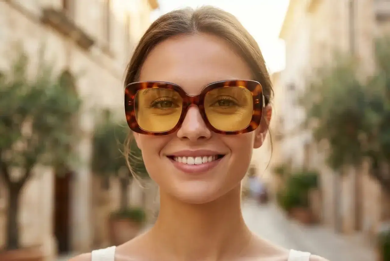 Uśmiechnięta kobieta w okularach przeciwsłonecznych w stylu retro. Dowiedz się, jak dobrać okulary przeciwsłoneczne, by podkreślić swoją urodę.