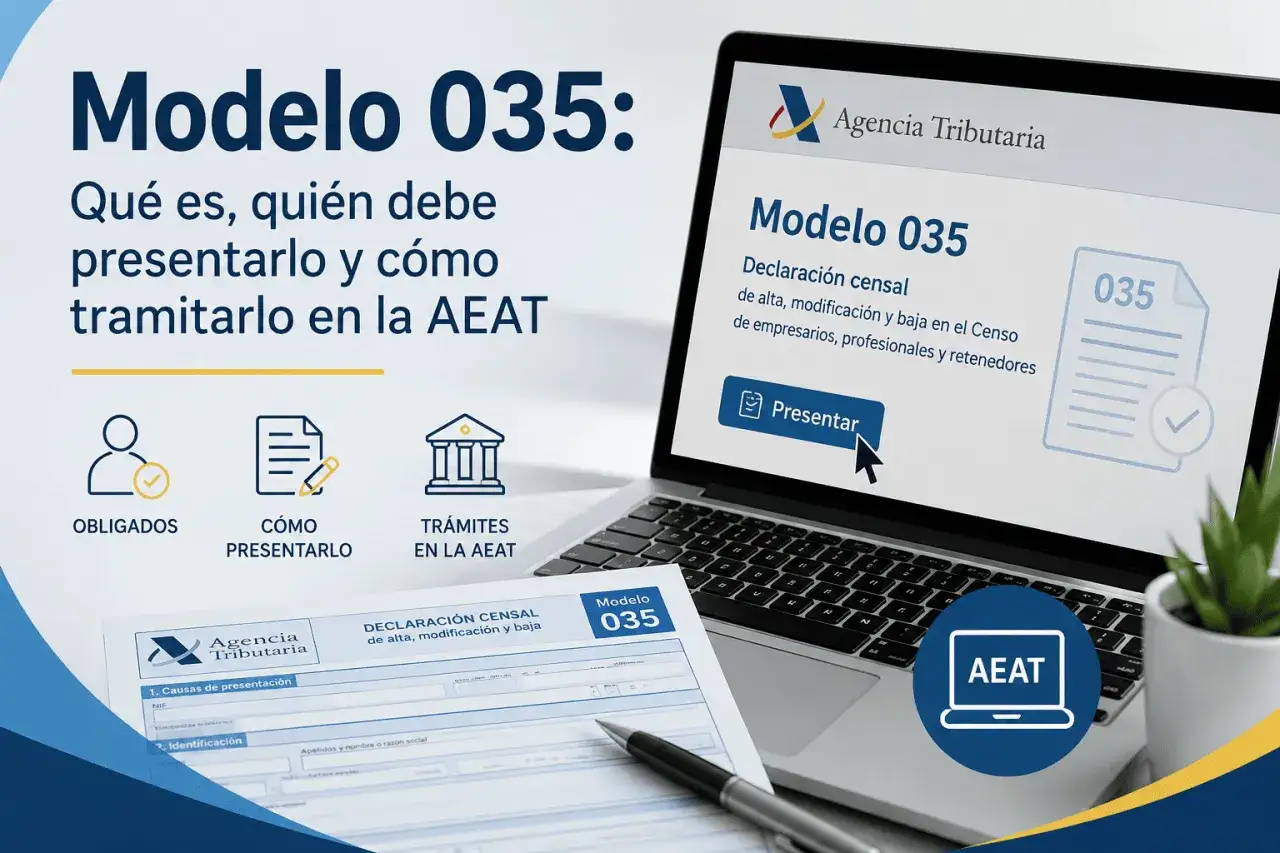 Información sobre el **modelo 035**: quién debe presentarlo, cómo hacerlo y los trámites en la AEAT. Se muestra un formulario y una pantalla de ordenador.