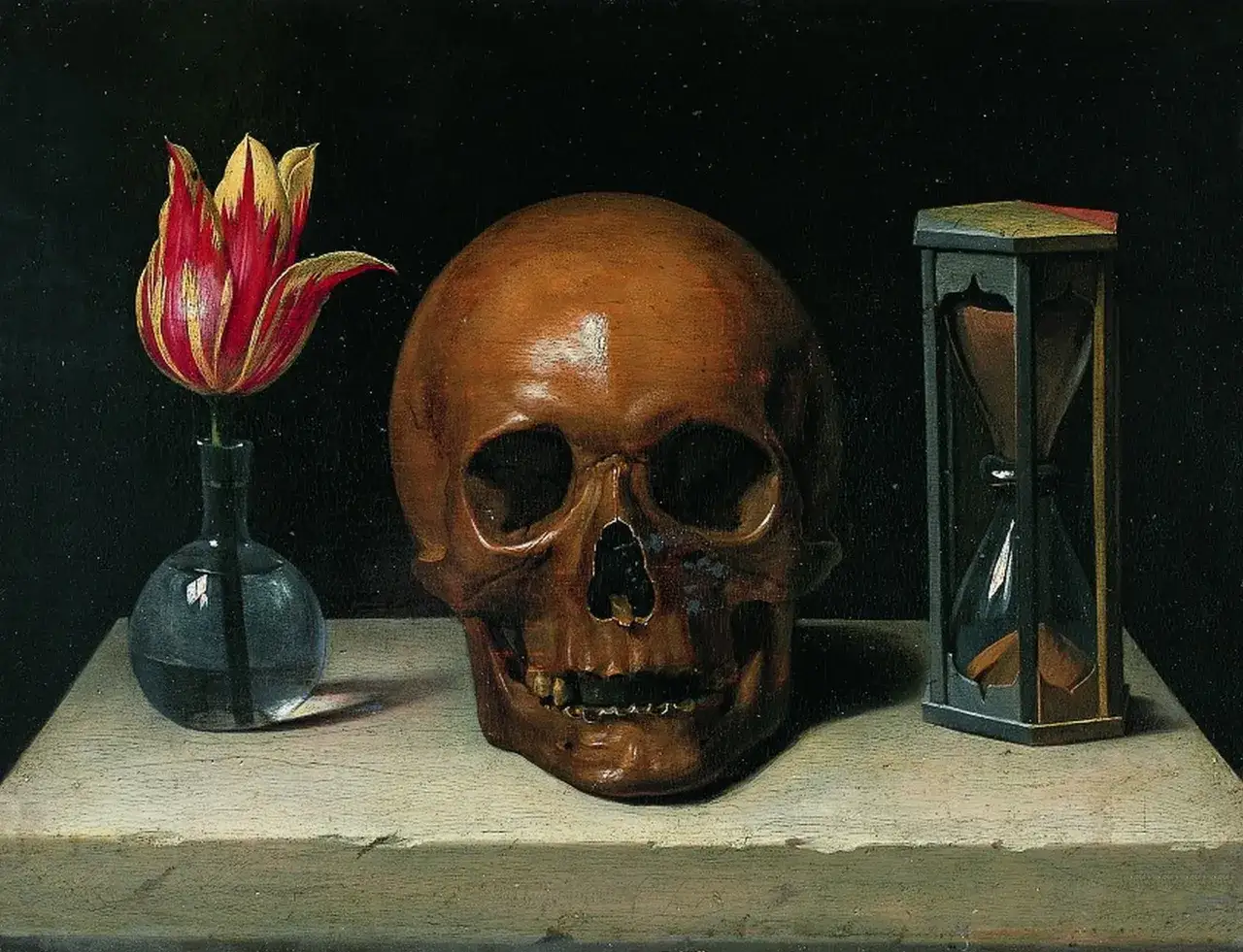 Memento mori art with skull and hourglass