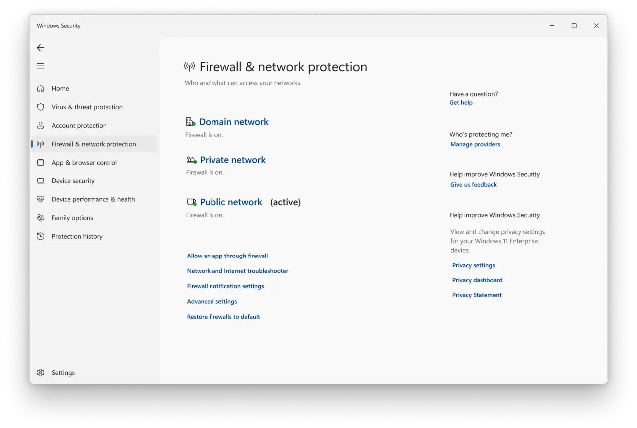 Ochrona sieci i zapora systemu Windows. Aktywna zapora dla sieci publicznej, prywatnej i domenowej.