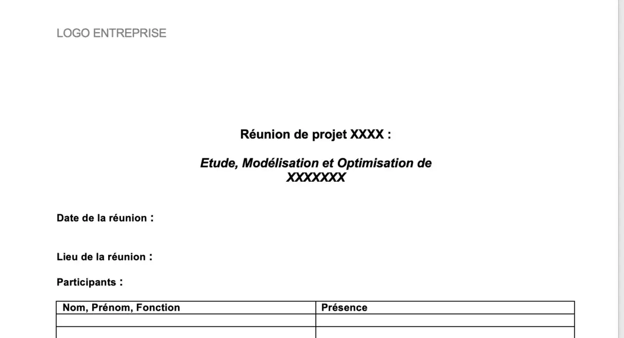 Compte rendu de réunion de projet. Titre : Étude, Modélisation et Optimisation. Champs pour date, lieu, participants et présence.