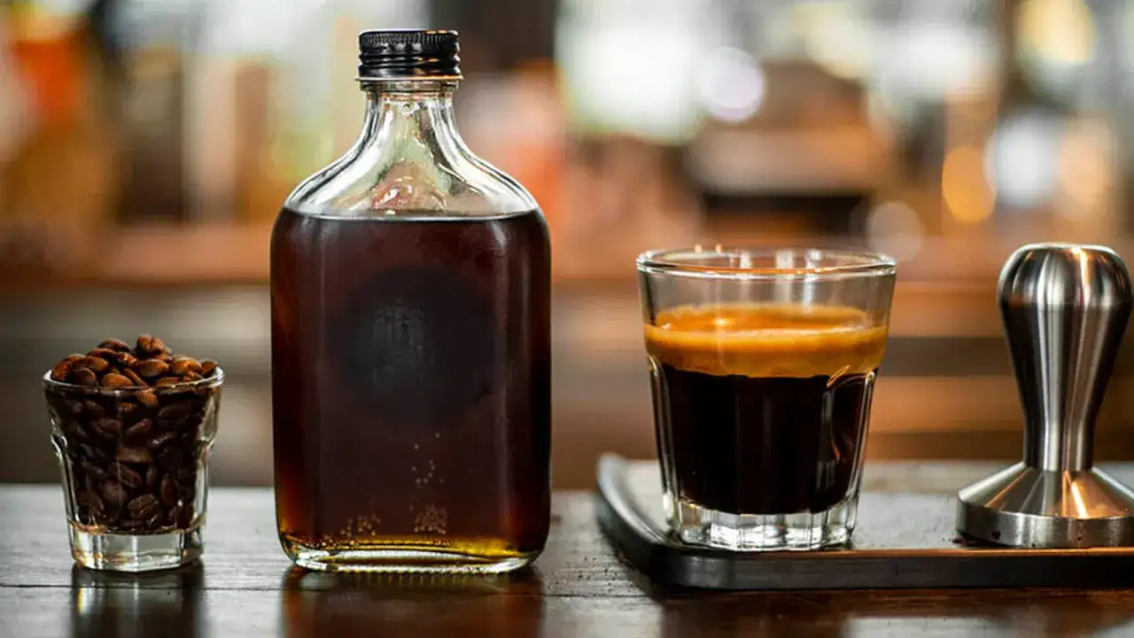 Botella de café con licor, granos de café y un shot de espresso.