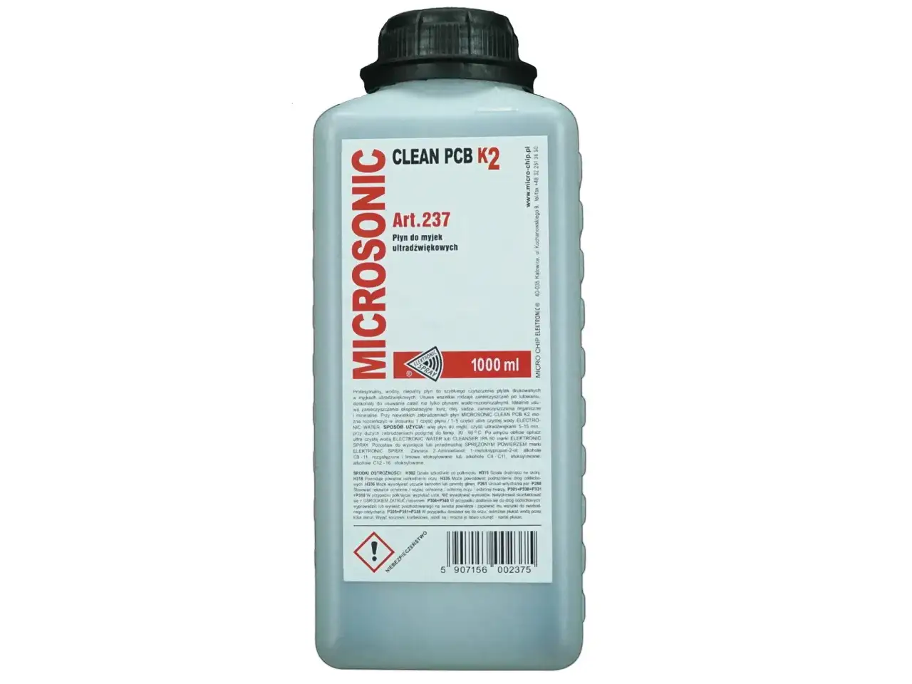 Profesjonalny, wodny, niepalny płyn do myjki ultradźwiękowej MICROSONIC CLEAN PCB K2. Usuwa zanieczyszczenia po lutowaniu, kurz, olej. Pojemność 1000 ml.