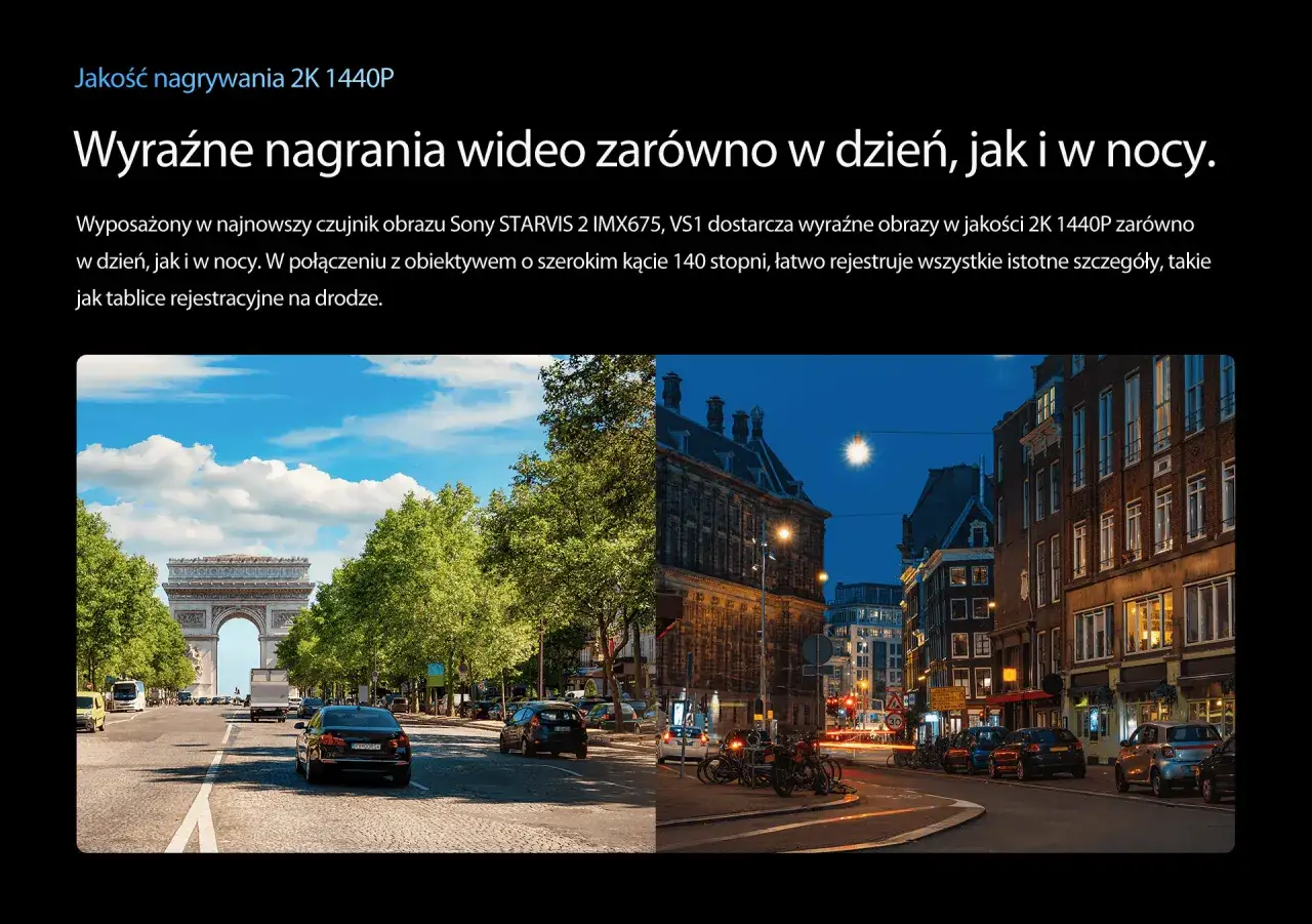 Obraz podzielony na dzień i noc: Łuk Triumfalny w Paryżu i ulica Amsterdamu. Czujnik Sony STARVIS zapewnia wyraźne nagrania 2K 1440P.