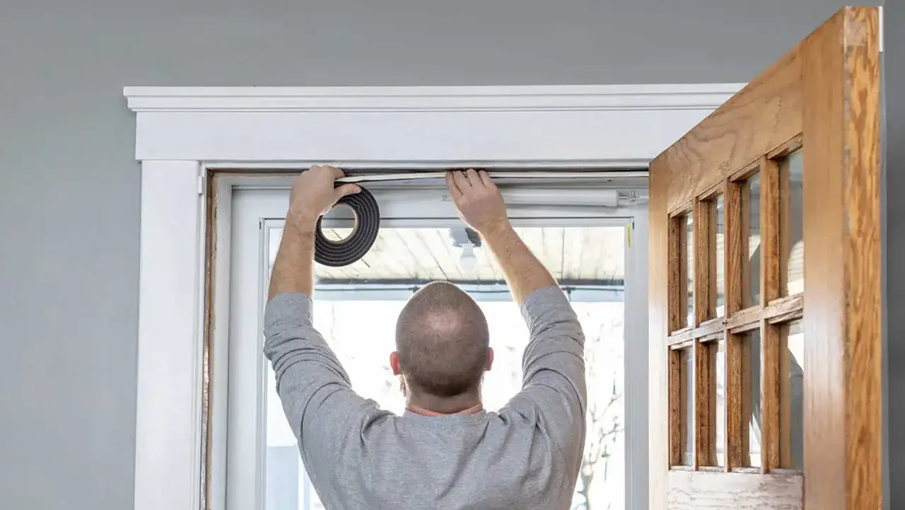 Man applying foam tape to door frame, demonstrating how to replace weather stripping on door for better insulation.