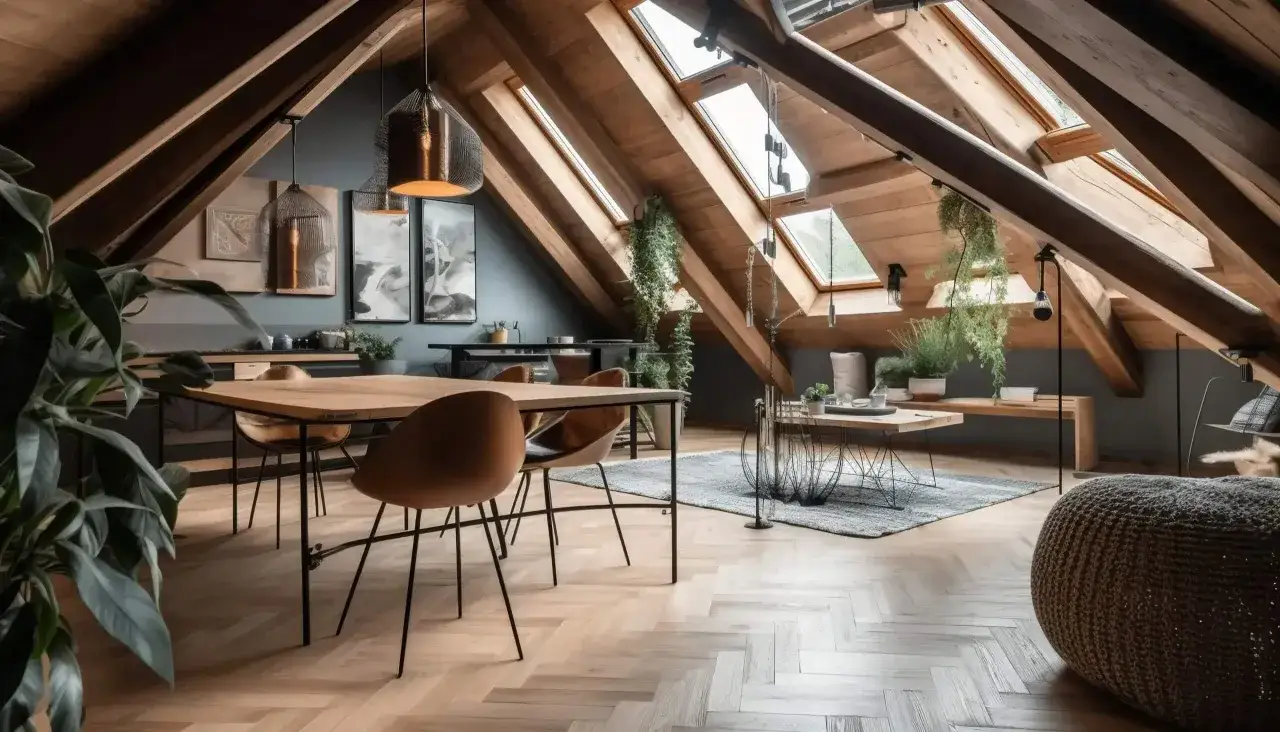 Przytulny **soft loft** ze skośnym drewnianym sufitem, oknami dachowymi i roślinnością. Wnętrze z jadalnią i kącikiem wypoczynkowym.