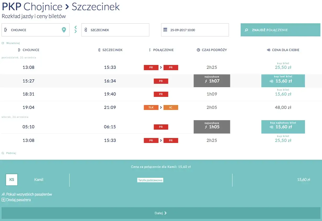 Rozkład PKP Chojnice-Szczecinek. Sprawdzam, czy można kupić bilet tygodniowy PKP. Ceny od 15,60 zł.