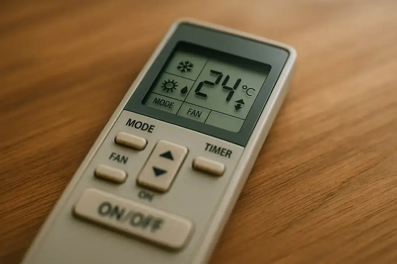 Pilot klimatyzacji pokazuje 24°C. Dowiedz się, jak ustawić klimatyzację w hotelu, by cieszyć się komfortem.