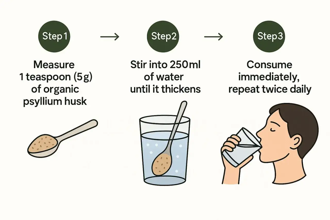 &Eacute;tapes pour pr&eacute;parer et consommer le psyllium : mesurer 1 c. &agrave; caf&eacute;, m&eacute;langer dans 250 ml d'eau jusqu'&agrave; &eacute;paississement, puis boire imm&eacute;diatement. R&eacute;p&eacute;ter 2 fois par jour.