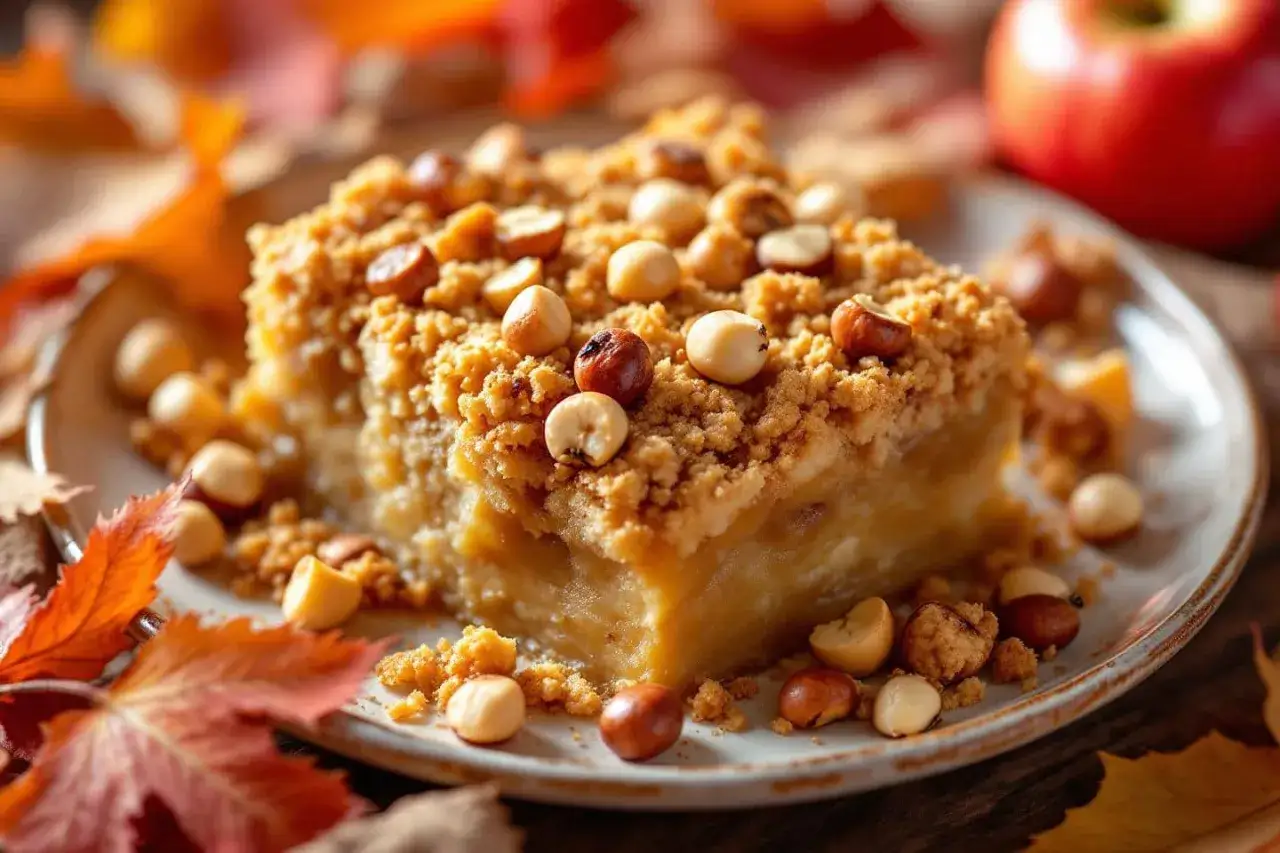 Un morceau de meilleur crumble aux pommes, garni de noisettes croquantes et de feuilles d'automne.