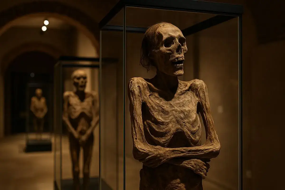 Las momias de Quinto, conservadas en vitrinas, muestran la fragilidad de la vida y la eternidad de la historia.