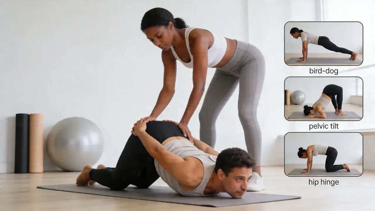 Instruktorka pomaga mężczyźnie w ćwiczeniach rehabilitacyjnych na kręgosłup. Pokazane są też ćwiczenia: bird-dog, pelvic tilt, hip hinge.