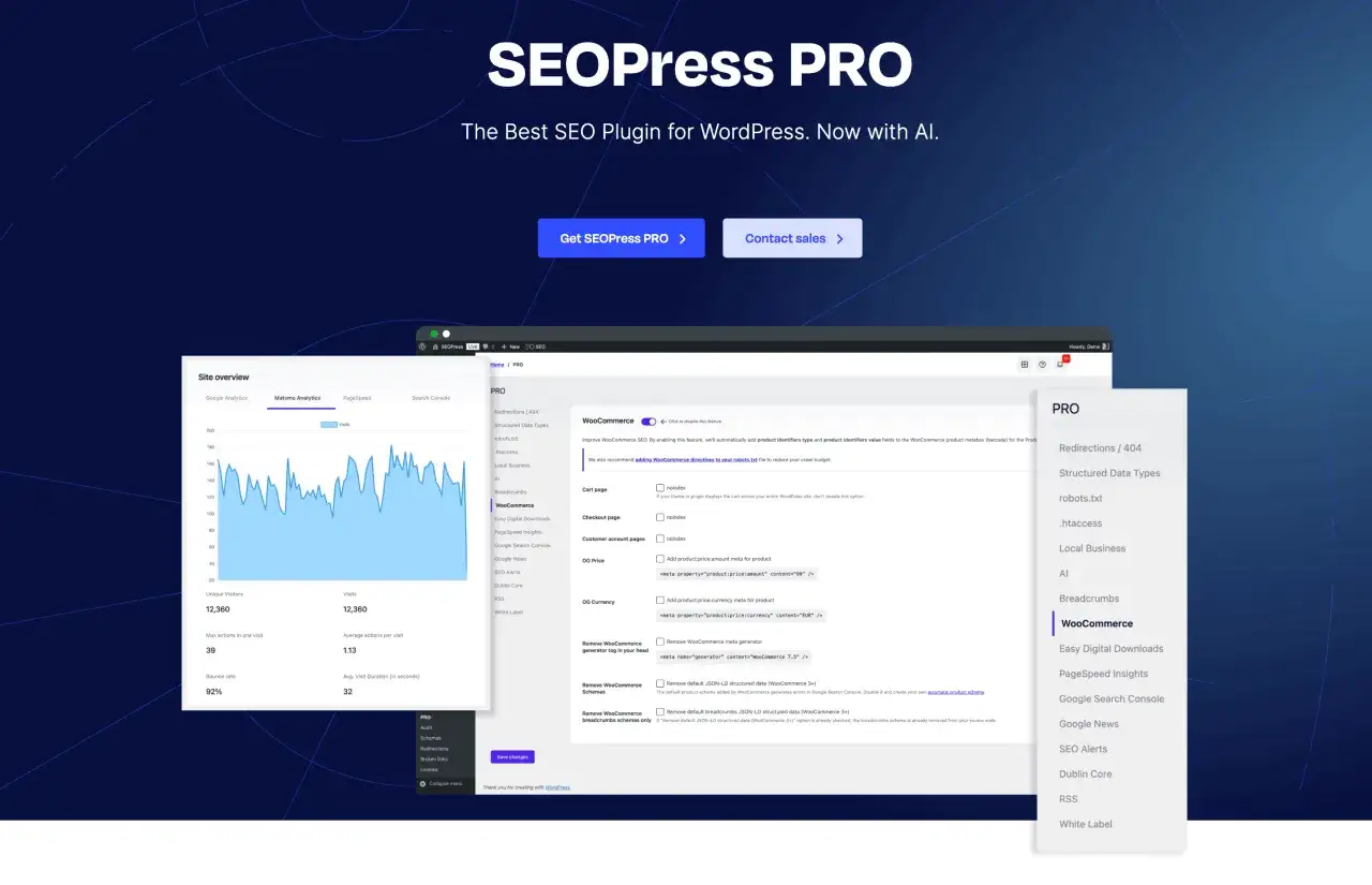 Optimisez votre score SEO WordPress avec SEOPress PRO. Ce plugin offre des fonctionnalités avancées pour WooCommerce, l'analyse de site et plus encore.