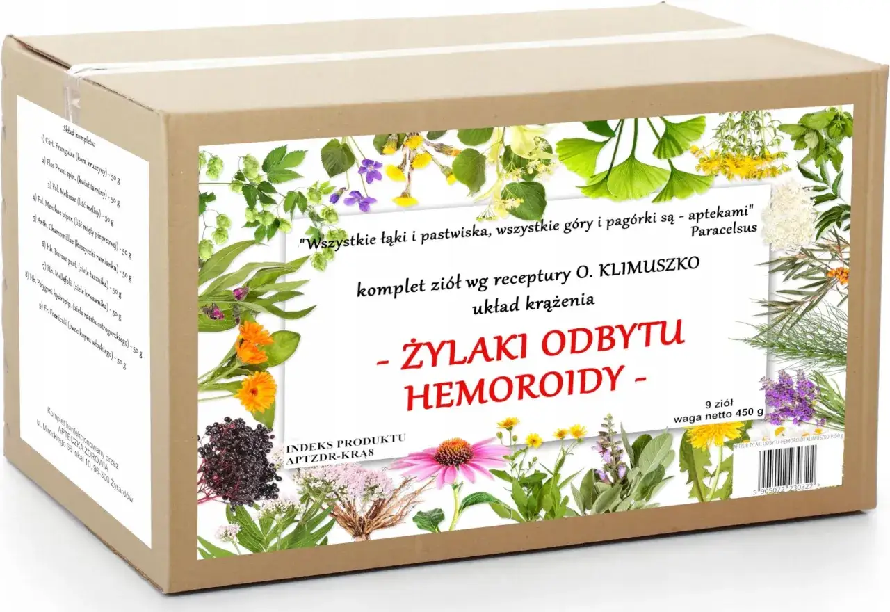 Zioła na hemoroidy - komplet 9 ziół wg receptury Klimuszko. Naturalne wsparcie dla układu krążenia.