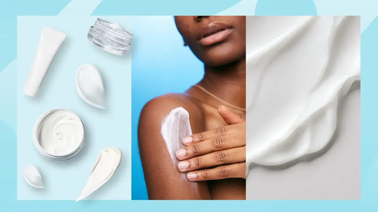 Krämer och lotions, inklusive karbamid för ansikte, visas i olika behållare och appliceras på hud.