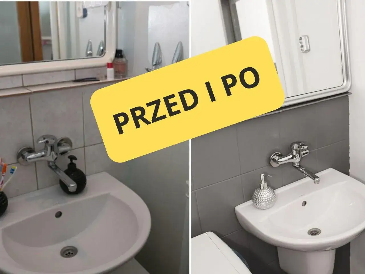 Przed i po: łazienka z umywalką i lustrem. Zobacz, jak odnowić lustro łazienkowe i całe wnętrze.
