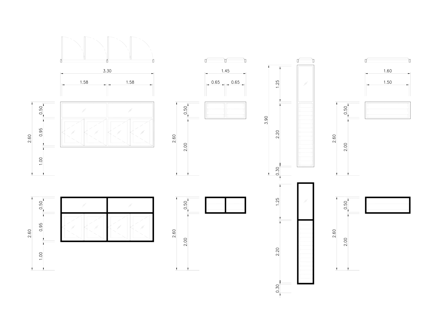 Planos de ventanas con sus medidas estandar. Se muestran diferentes tipos y dimensiones para su instalación.