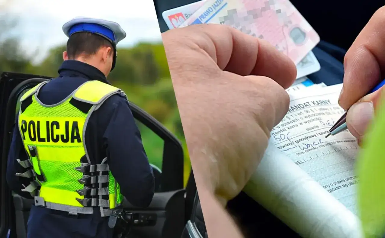 Policjant kontroluje dokumenty. Czy pasażer z przodu może być pijany? Mandat karny w ręku.
