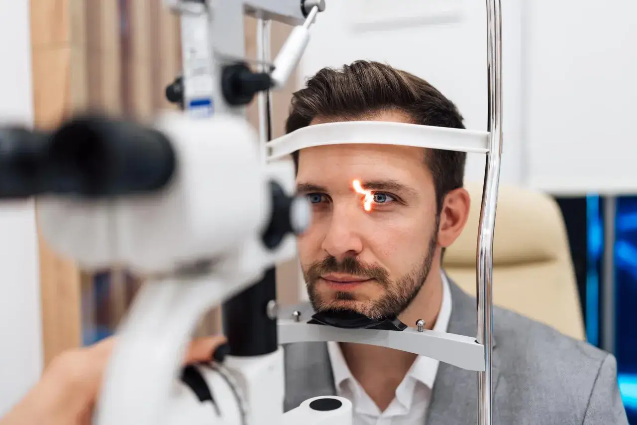 Mężczyzna podczas badania wzroku, być może z powodu powikłań po laserowej korekcji wzroku. Światło pada na jego oko.