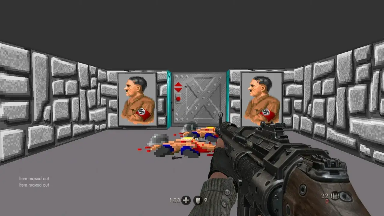 Escena de Wolfenstein The New Order, con retratos de Hitler, enemigos caídos y un arma en primer plano. ¡Una guía para superar este nivel!
