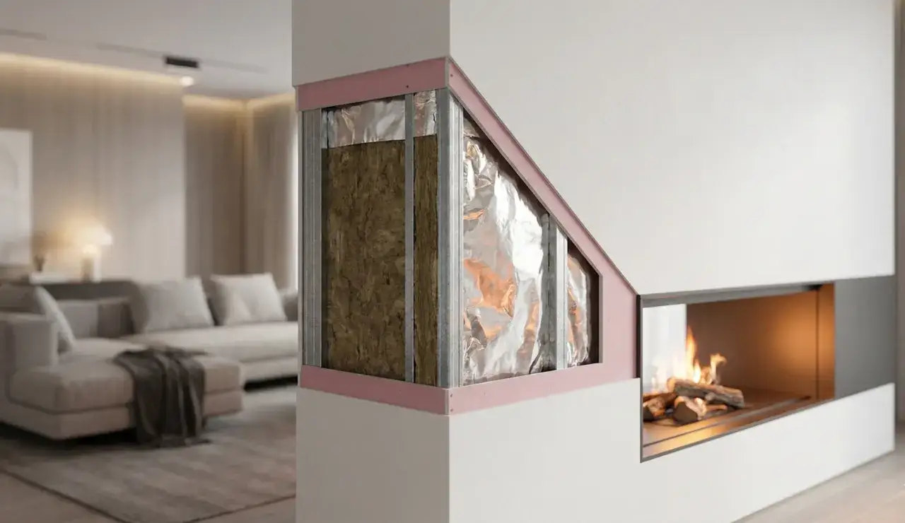 Przekrój nowoczesnej obudowy wkładu kominkowego z widoczną izolacją z wełny mineralnej i folii aluminiowej.