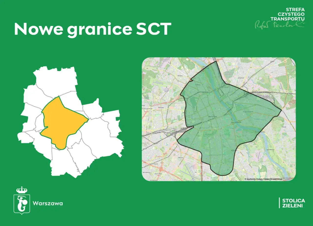 Nowe granice strefy czystego transportu Warszawa od kiedy? Mapa pokazuje obszar SCT w Warszawie, zaznaczony na zielono.