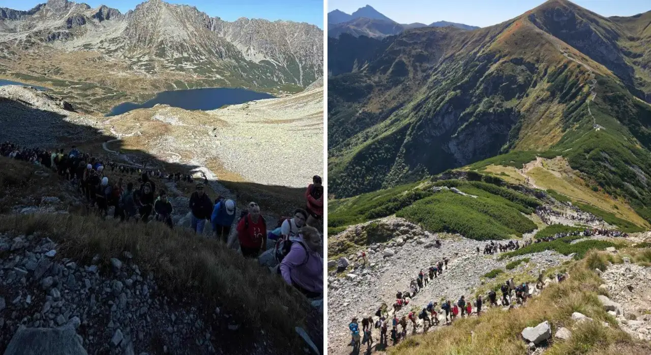 Tłumy turystów wędrujące szlakiem na Giewont. Kolejka do wjazdu na szczyt, cennik i widoki Tatr.