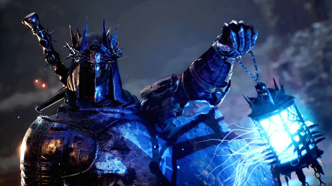 Un caballero con armadura oscura y corona de espinas sostiene una linterna brillante. ¡Una escena épica de Lords of the Fallen guía!