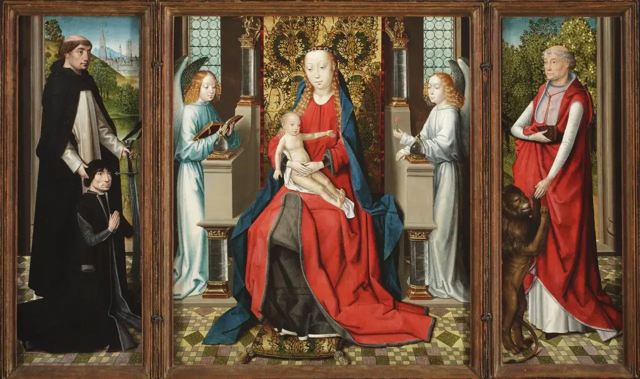 A triptych depicting the Virgin and Child with angels, flanked by saints and donors. This work showcases the meticulous detail characteristic of early Renaissance artists.