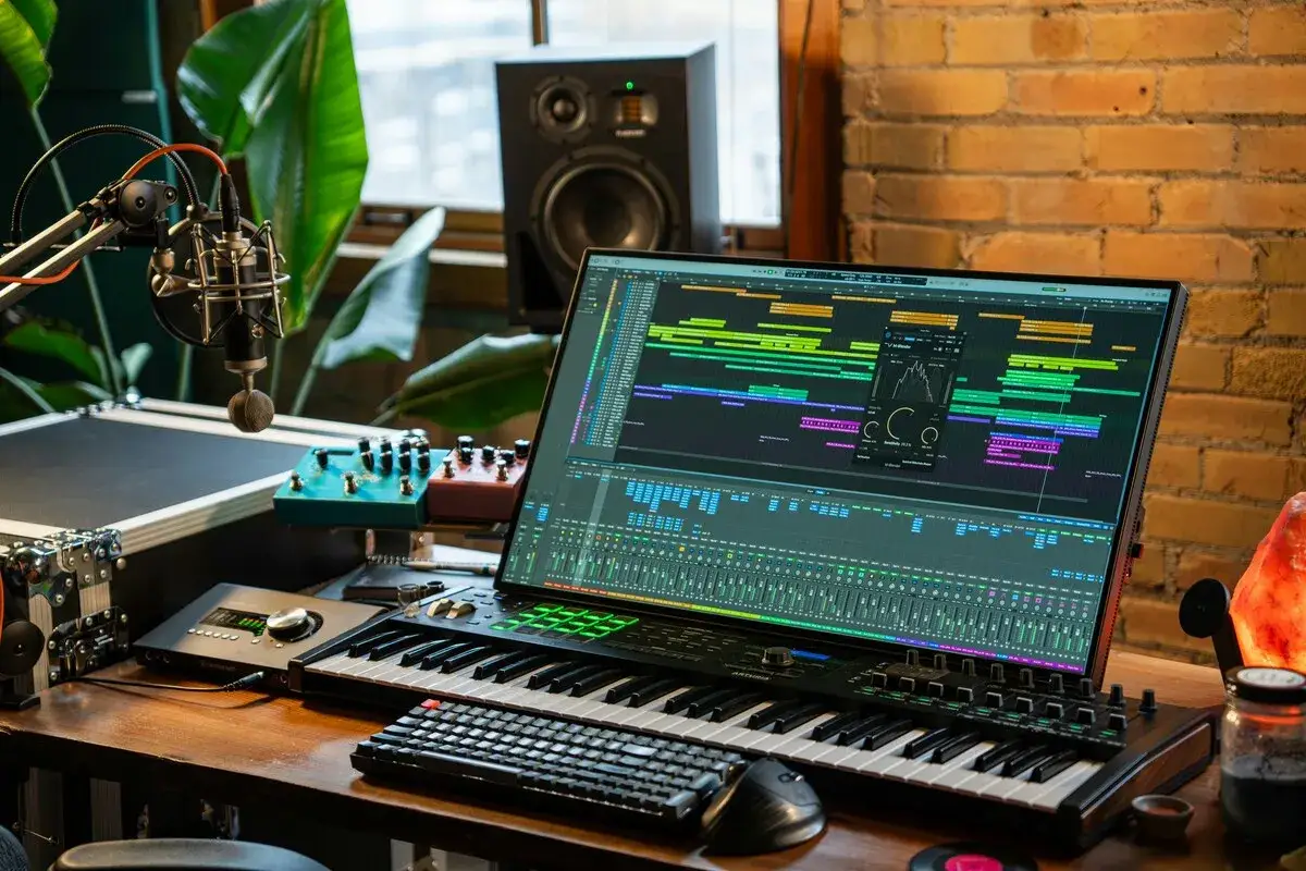 Studio z klawiaturą sterującą, mikrofonem i ekranem z oprogramowaniem do tworzenia muzyki elektronicznej.