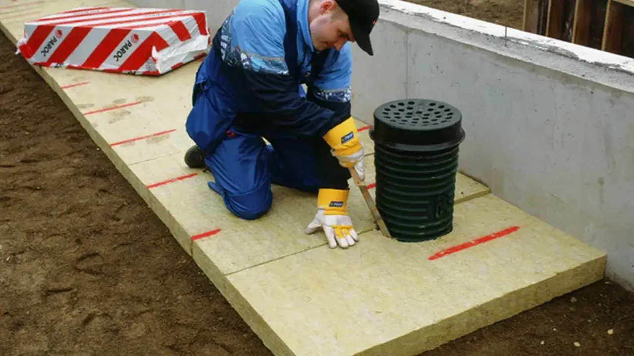 Pracownik układa płyty z wełny mineralnej, przygotowując izolację fundamentów. Obok leży paczka materiału budowlanego.