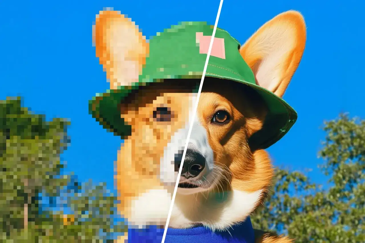 Corgi con sombrero verde, mitad pixelado, mitad con detalle gracias a photoshop super resolution.
