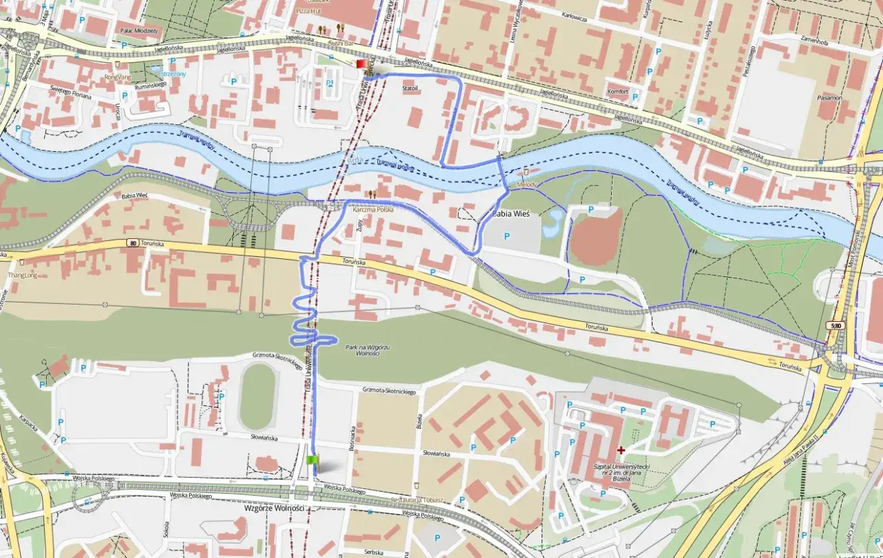 Mapa Bydgoszczy z zaznaczonymi trasami rowerowymi wzdłuż Brdy, przez Park na Wzgórzu Wolności i okolice Babiej Wsi.