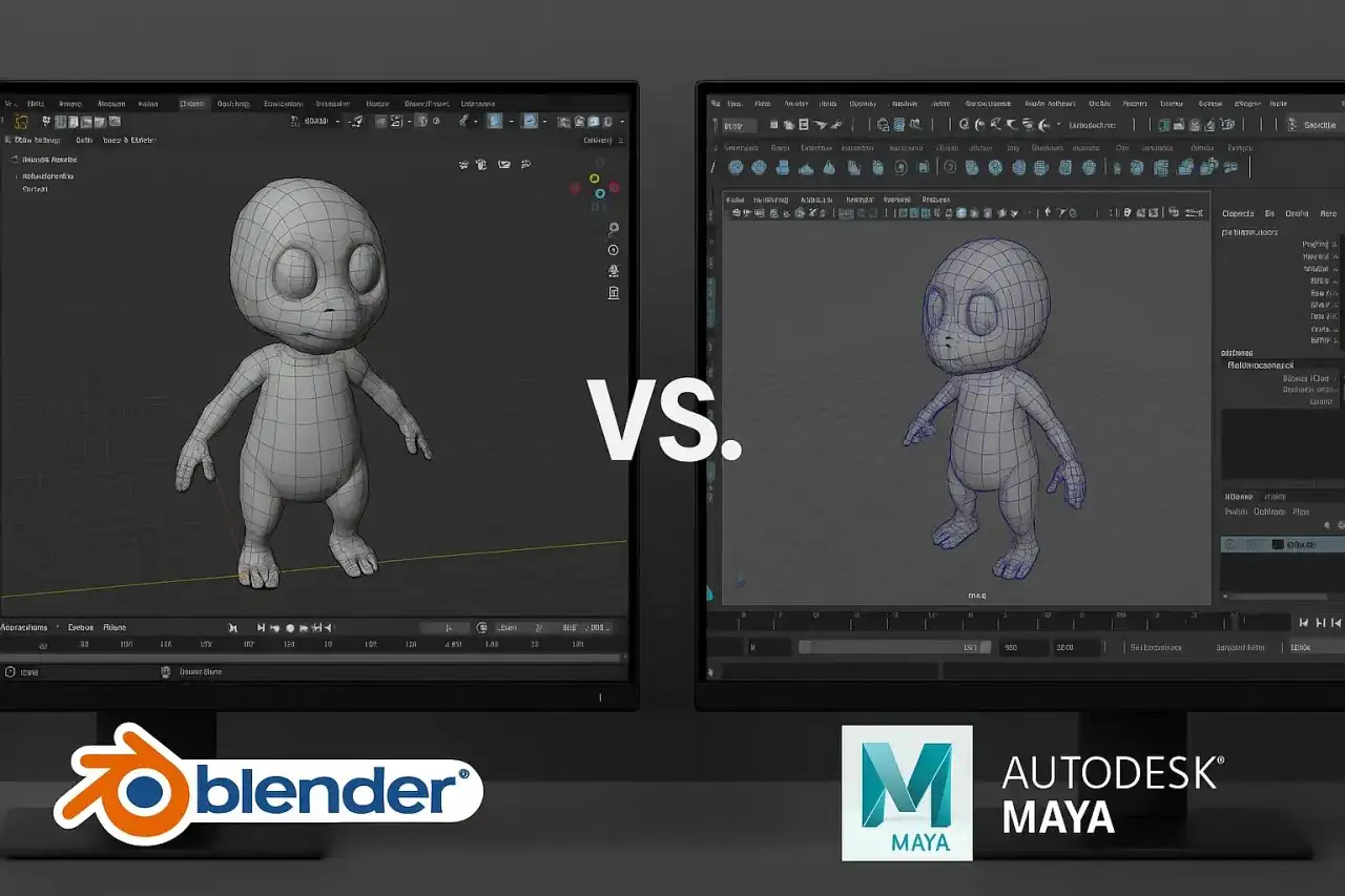 Por&oacute;wnanie interfejs&oacute;w Blender i Autodesk Maya. Na ekranie po lewej Blender z postacią, po prawej Maya z tą samą postacią.