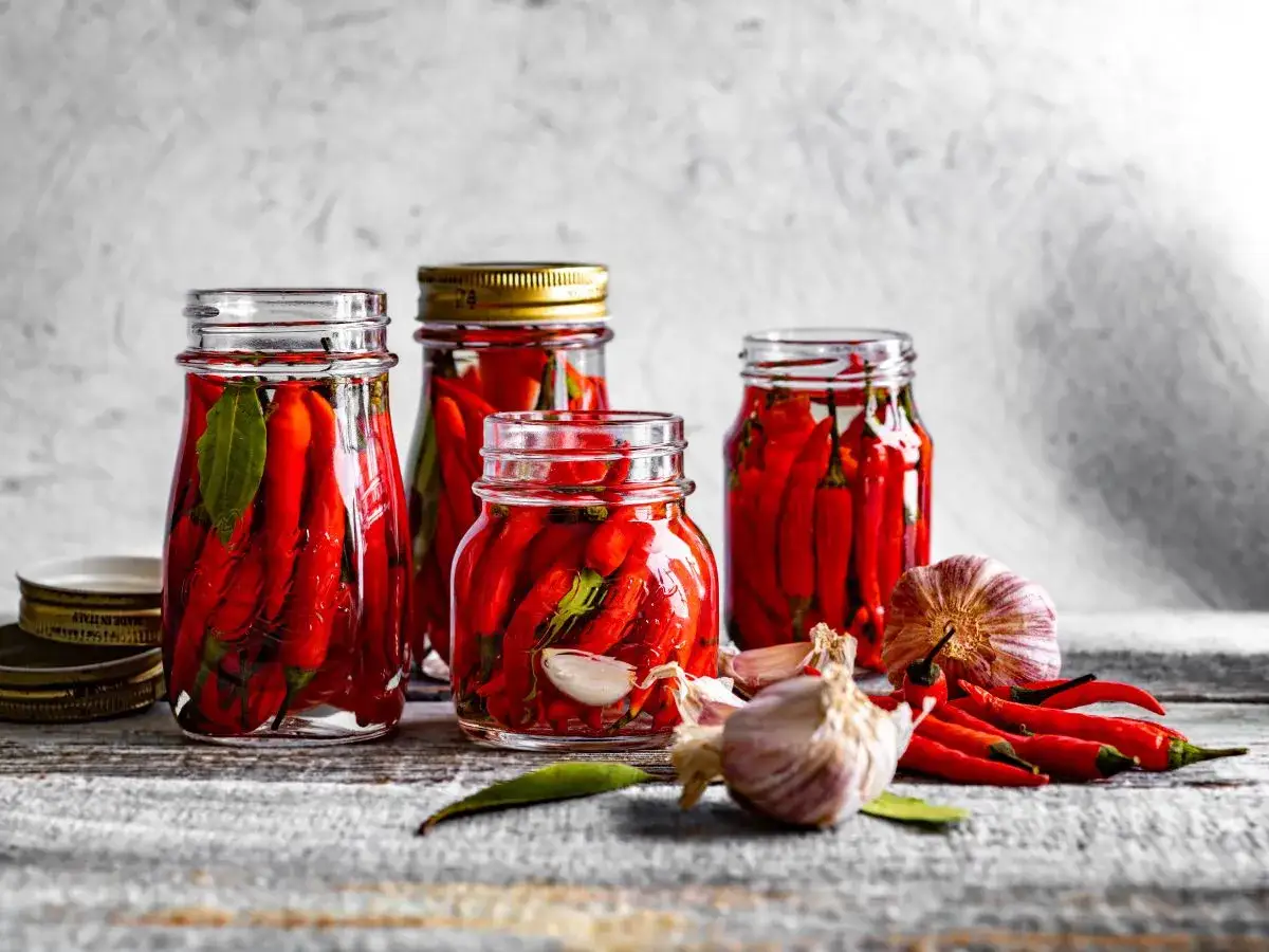 Słoiki z papryczkami chili w zalewie, obok czosnek i świeże papryczki. Domowe przetwory gotowe do spożycia.
