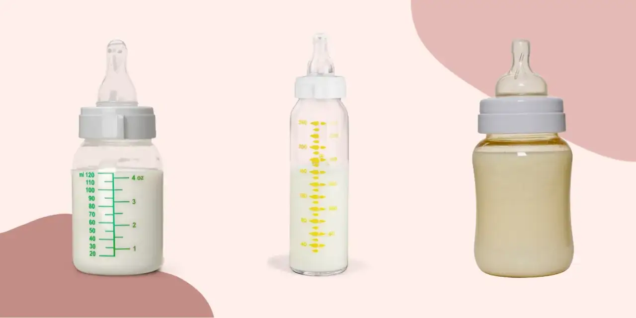 Comparing glass baby bottles vs plastic. Two glass bottles with milk are shown next to a plastic one.