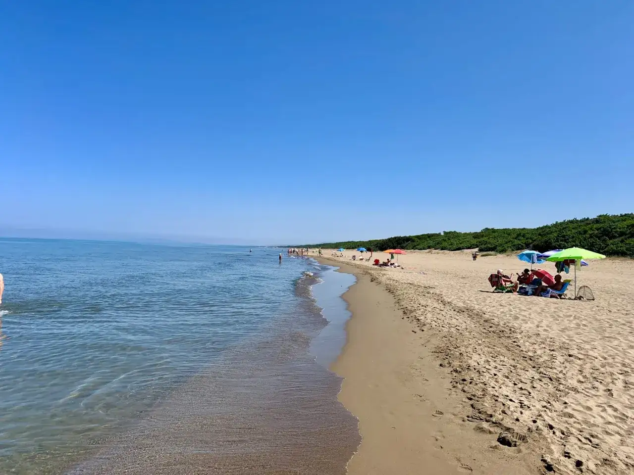 Plage de San Vincenzo en Toscane, avec des baigneurs profitant du soleil sous des parasols color&eacute;s. L'eau bleue s'&eacute;tend &agrave; perte de vue.