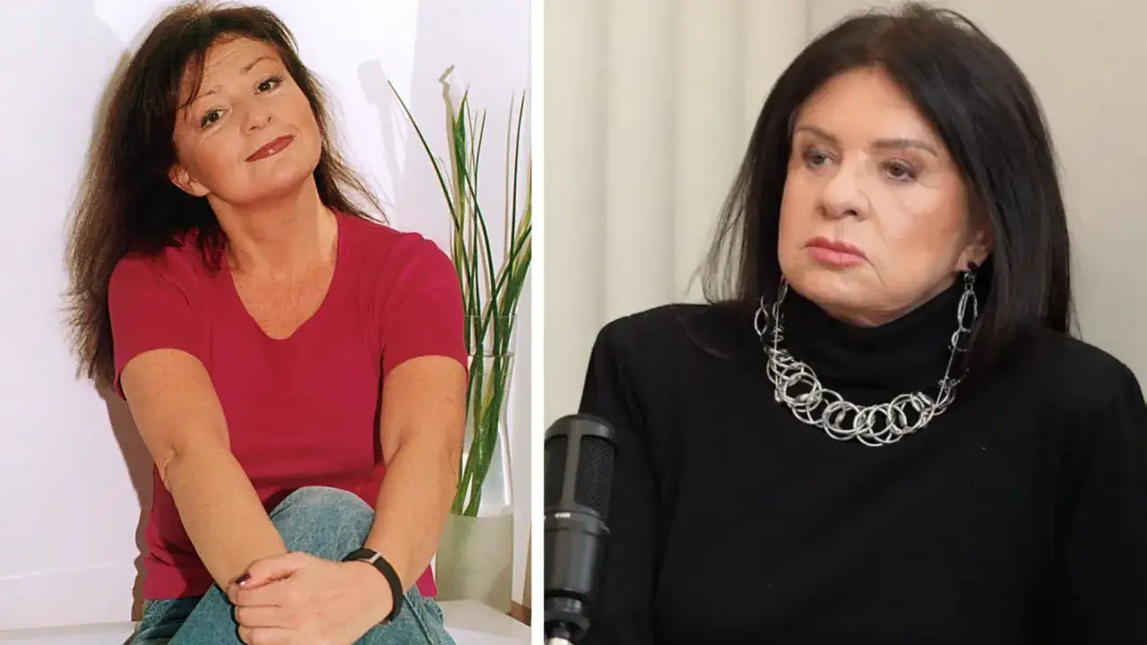 Zofia Czernicka w dwóch odsłonach: młodsza w różowej bluzce i dżinsach, starsza w czarnym golfie i efektownej biżuterii.